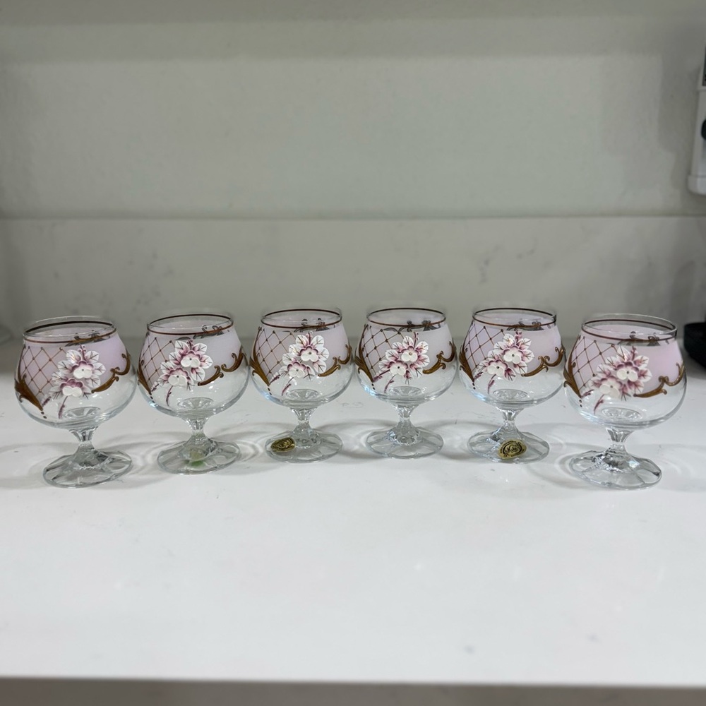 Luxury Czech Bohemia Crystal brandy glasses set of 6 hand painted floral